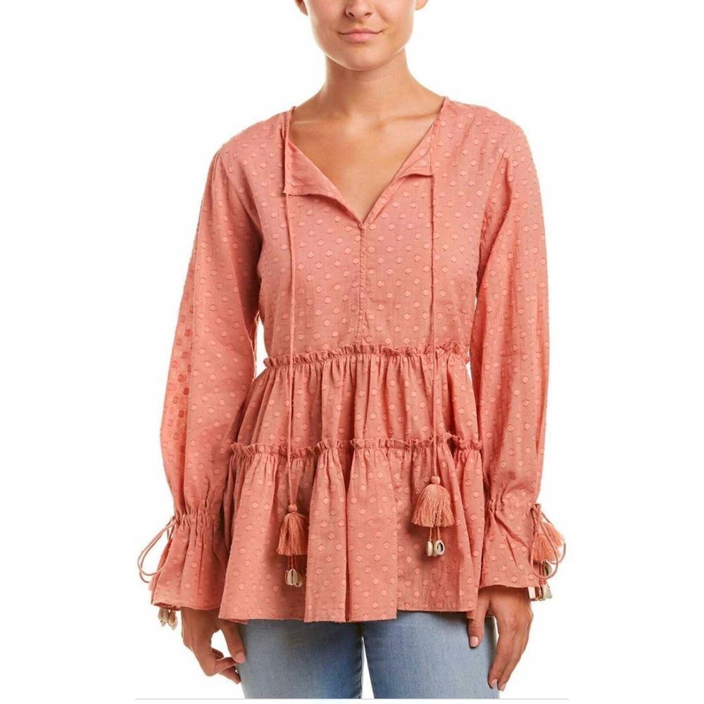 Anthropologie Rinku seashell tassel tiered  babydoll top blouse Sz M rust orange